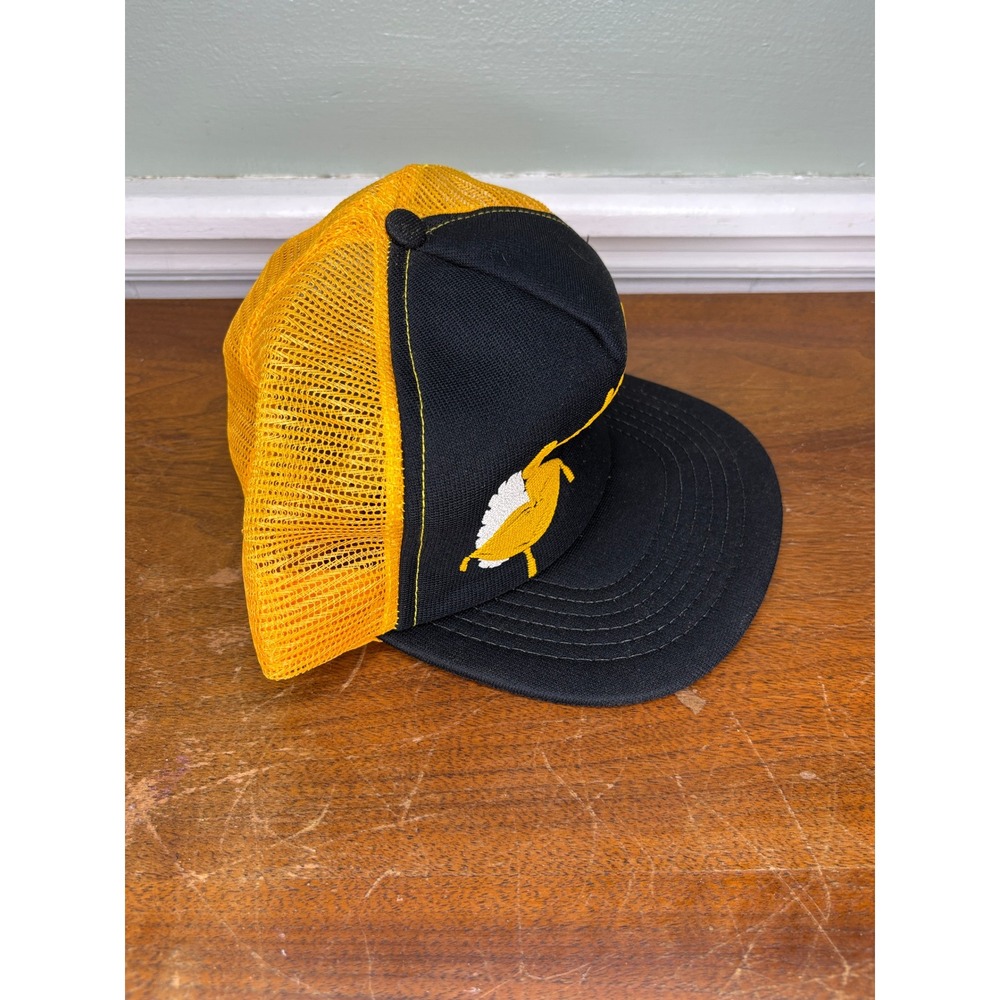 Vintage Cushion Cut Trucker Hat Mens Yellow Black Mesh Snapback Made in USA 80s - Picture 3 of 7